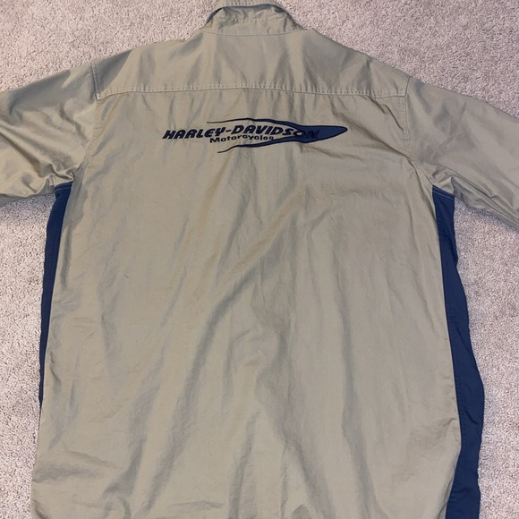 Harley Davidson Mens Button Up Short Sleeve Shirt Shop Mechanic Brown Blue Sz XL - Picture 3 of 3